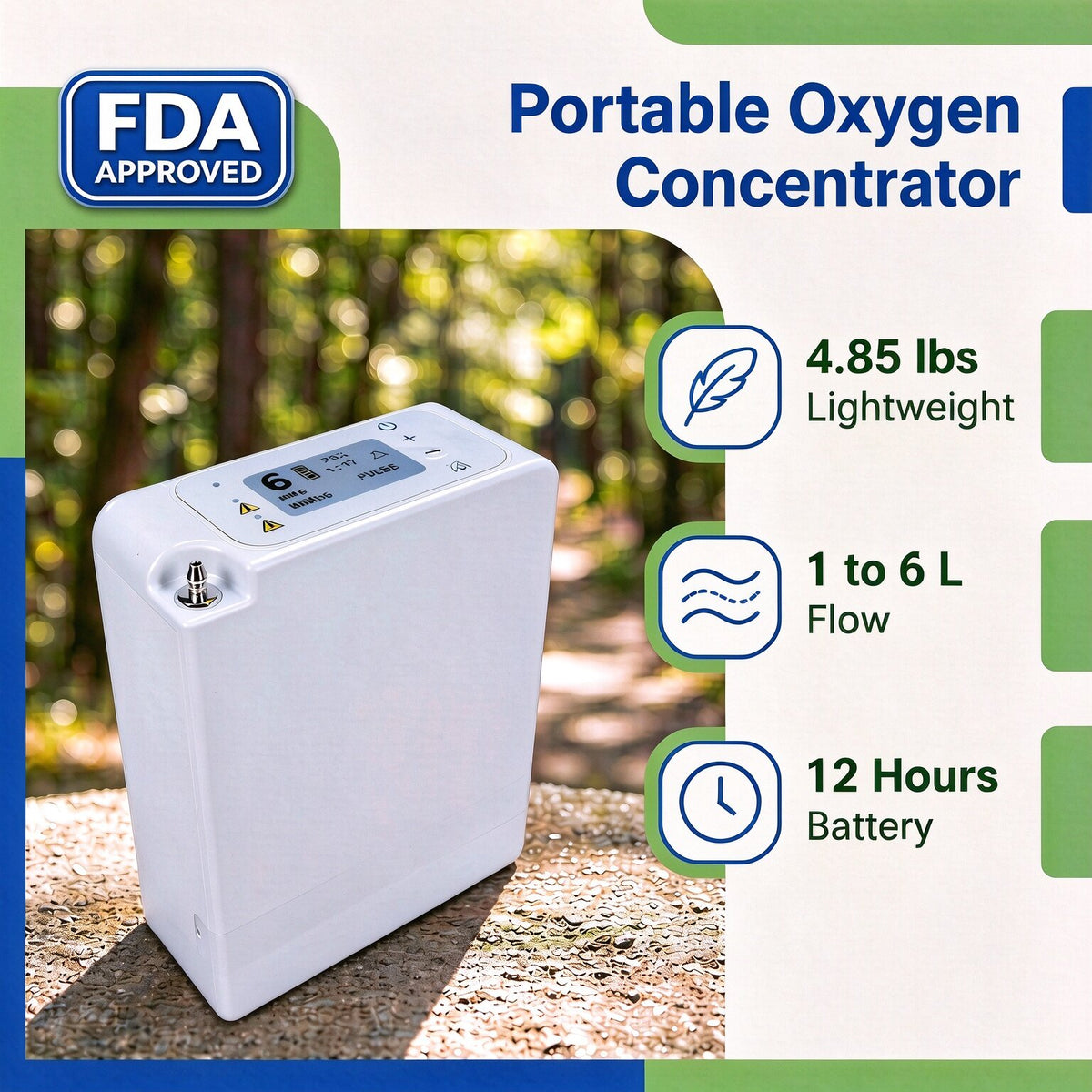 6L Pulse Flow Portable Oxygen Concentrator FDA-CLEARED ( Includes 2 x 6 Hours Battery)